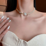 Camellia Rhinestone Pearl Chain Necklace for Women's Party Jewelry
