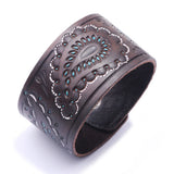 Leaf Totem Engraved Leather Bracelet Wide Cuff Bangle Adjustable Wristband