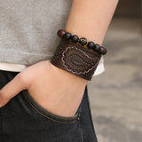 Leaf Totem Engraved Leather Bracelet Wide Cuff Bangle Adjustable Wristband