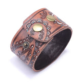 Leaf Totem Engraved Leather Bracelet Wide Cuff Bangle Adjustable Wristband