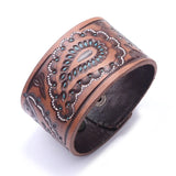 Leaf Totem Engraved Leather Bracelet Wide Cuff Bangle Adjustable Wristband