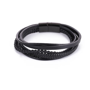 Leather Bracelet Men Stainless Steel Multilayer Braided Rope Bead Bracelet