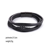Leather Bracelet Men Stainless Steel Multilayer Braided Rope Bead Bracelet