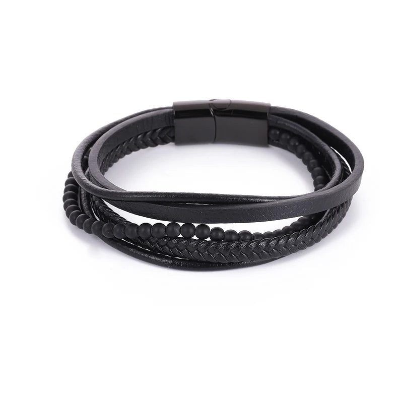 Leather Bracelet Men Stainless Steel Multilayer Braided Rope Bead Bracelet
