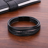 Leather Bracelet Men Stainless Steel Multilayer Braided Rope Bead Bracelet