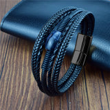 Men's Leather Bracelet Stone Beaded Stainless Steel Clasp Bangle