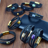 Men's Leather Bracelet Stone Beaded Stainless Steel Clasp Bangle