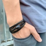 Men's Leather Bracelet Stone Beaded Stainless Steel Clasp Bangle