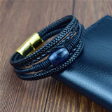 Men's Leather Bracelet Stone Beaded Stainless Steel Clasp Bangle