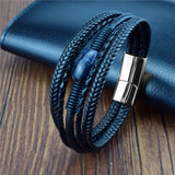 Men's Leather Bracelet Stone Beaded Stainless Steel Clasp Bangle