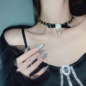 Leather Metal Chain Woven Collar Bow Flower Necklace Goth Short Temperament
