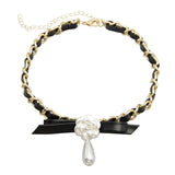 Leather Metal Chain Woven Collar Bow Flower Necklace Goth Short Temperament