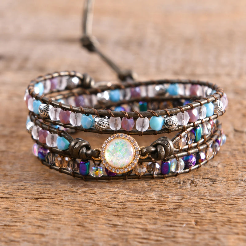Leather Wrap Bracelets Opal Jaspers 3 Strands Statement Bracelet