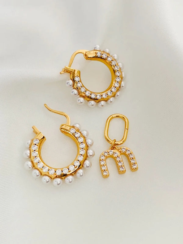 Drop Hoop Zircon Pearls Asymmetrical Earrings for Women Dangle Earrings