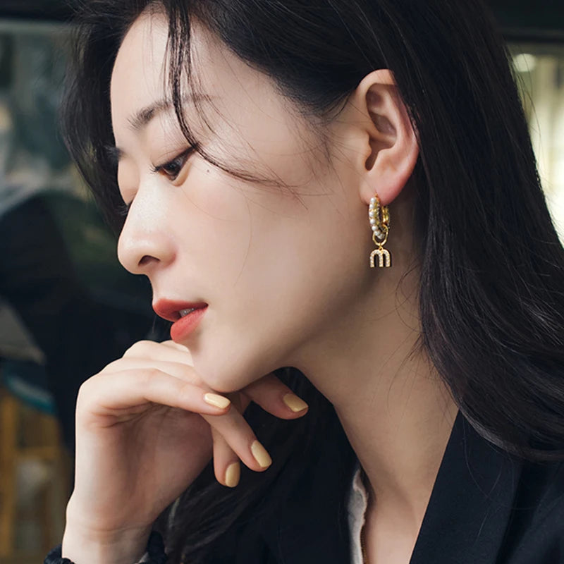 Drop Hoop Zircon Pearls Asymmetrical Earrings for Women Dangle Earrings