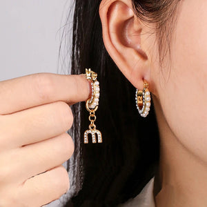 Drop Hoop Zircon Pearls Asymmetrical Earrings for Women Dangle Earrings