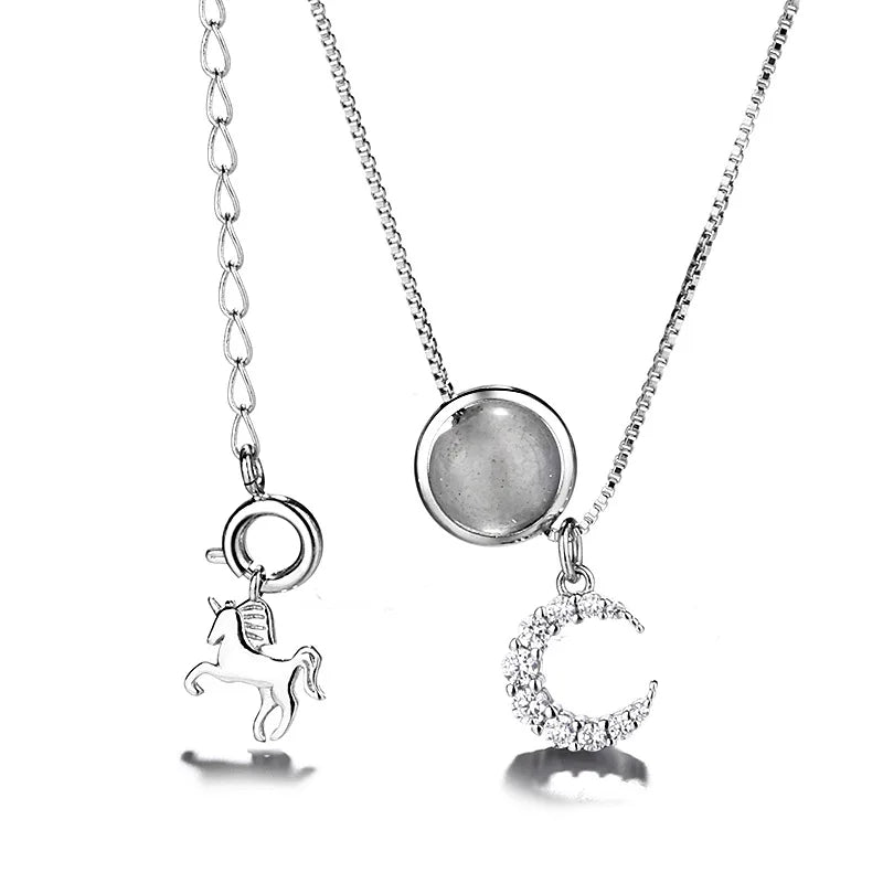 Sterling Silver Crystal Unicorn Moon Pendant Necklace