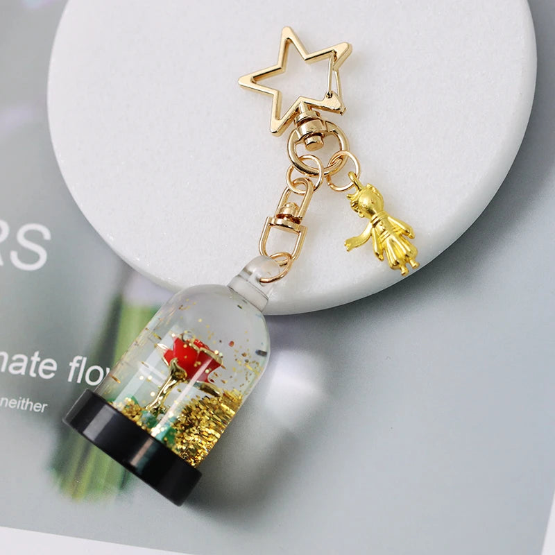 Little Prince Rose Flower Keychain Liquid Quicksand Keyring Bag Pendant