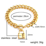 Lock Pendant Stainless Steel Bracelet Cuban Link Chain Bangle