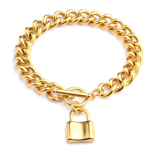 Lock Pendant Stainless Steel Bracelet Cuban Link Chain Bangle