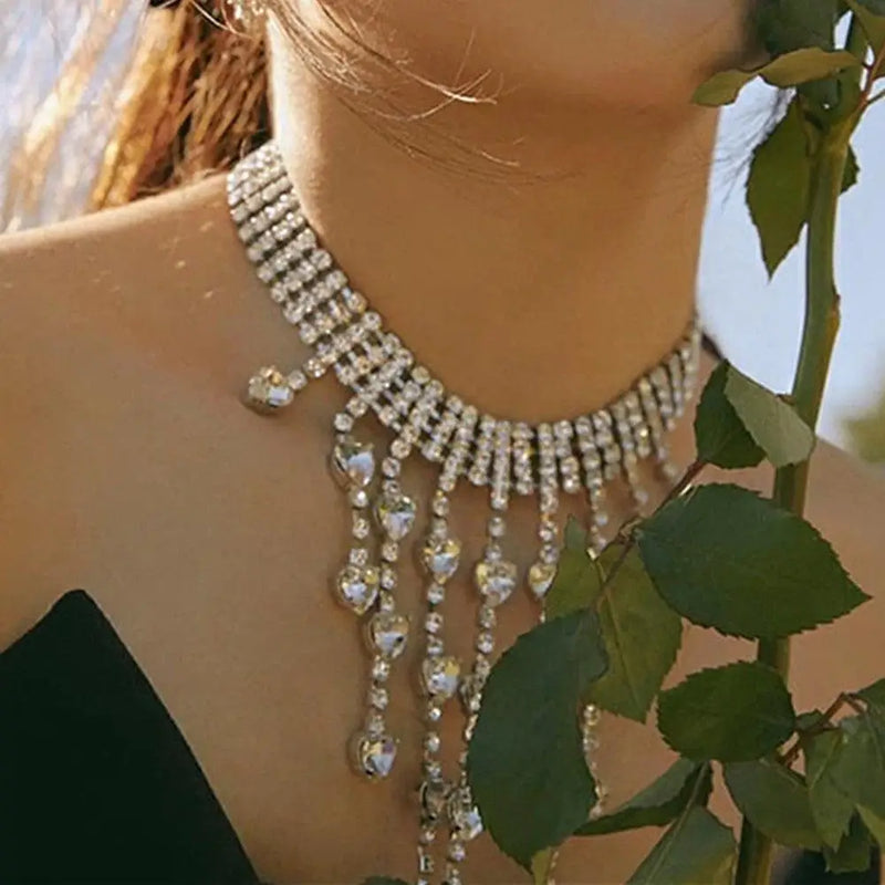 Long Chain Rhinestone Tassel Choker Necklaces for Women
