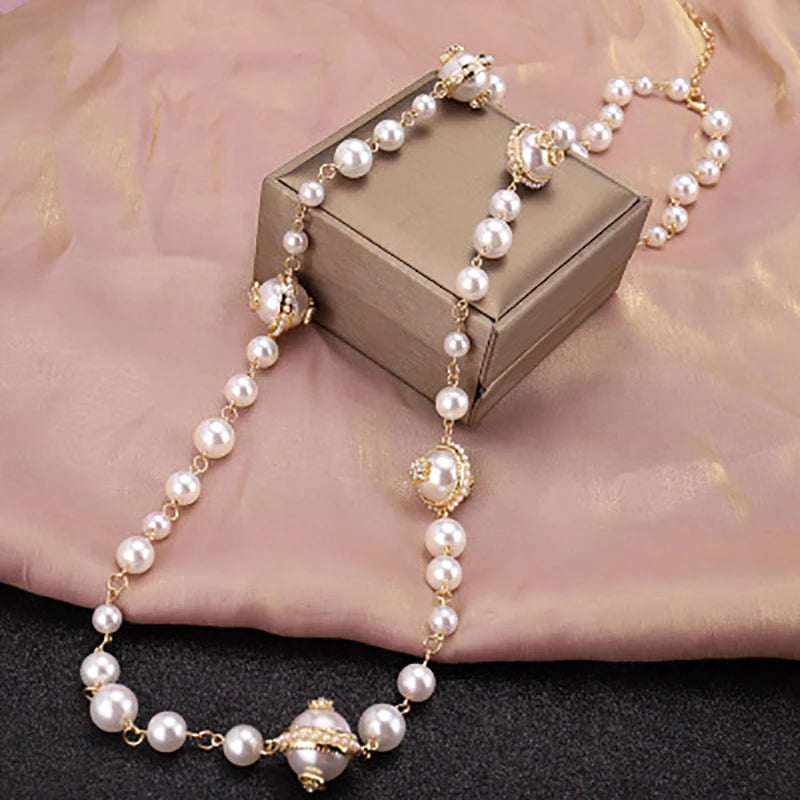 Vintage Pearl Beaded Long Necklace for Women