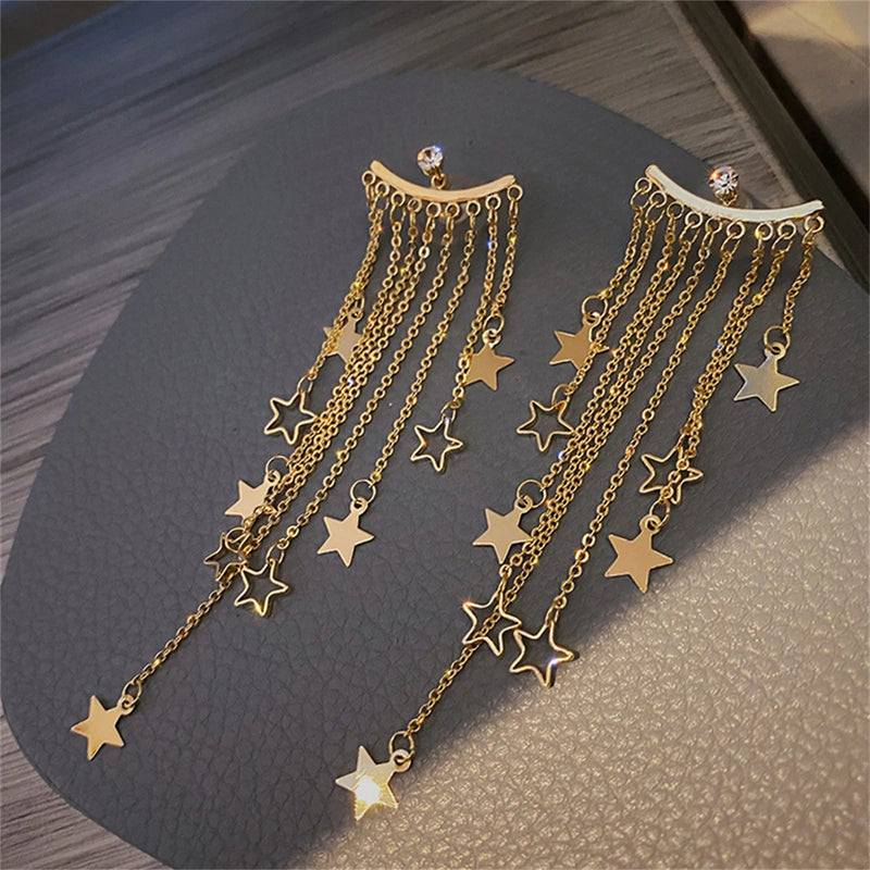 Long Tassel Crystal Earrings for Women Exaggerated Star Hoop Earring