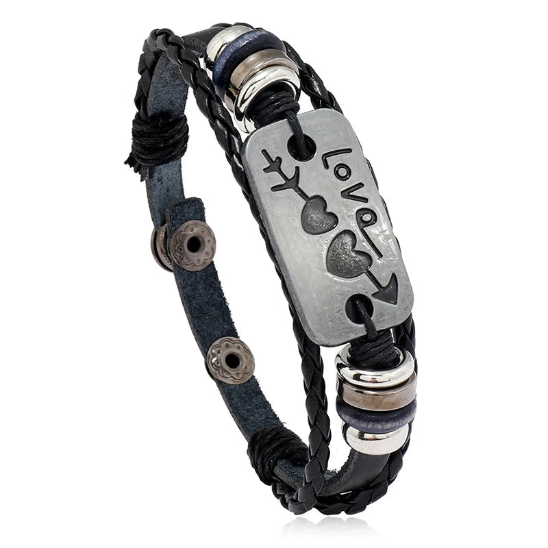 Love Heart Charm Bracelet Cuff Wrap Leather Wristbands Braided Bangle