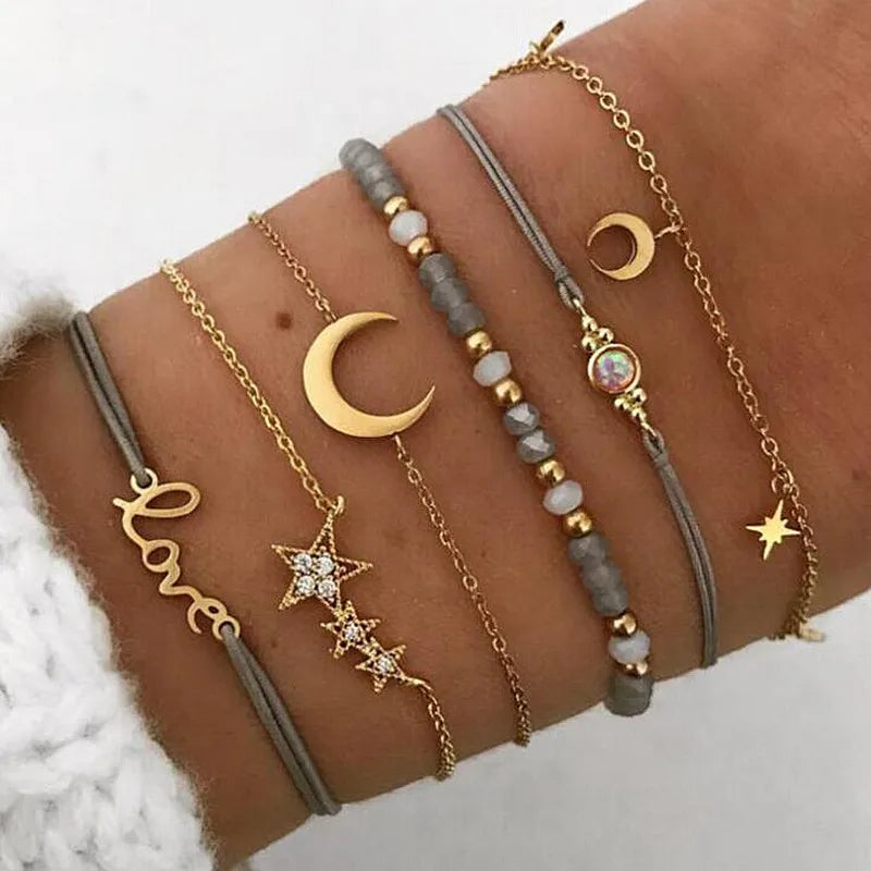 Love Star Sun Moon Bead Hand Chain Bracelet Set For Women