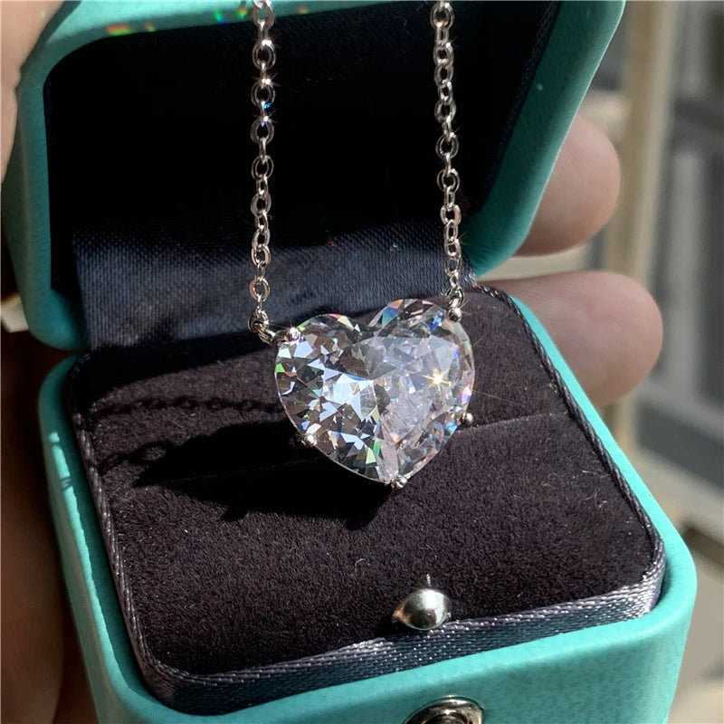 15mm Heart Diamond 925 Sterling Silver Pendant Necklace for Women