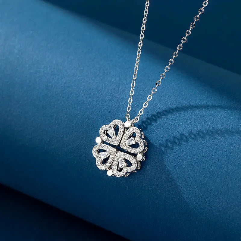 Four Leaf Clover Necklace Stainless Steel Chain Magnet Heart Pendant