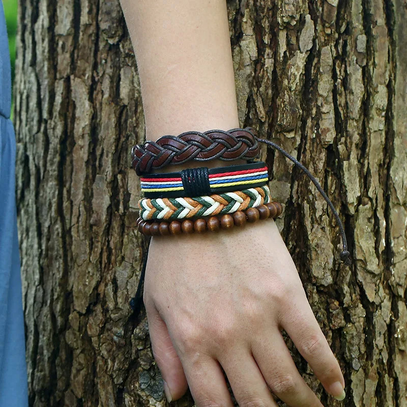 4pcs Braided Wrap Leather Bracelets for Men Punk Vintage Charm Wood Beads Bangle
