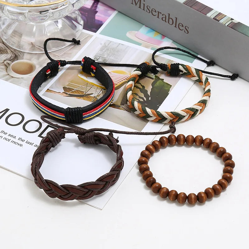 4pcs Braided Wrap Leather Bracelets for Men Punk Vintage Charm Wood Beads Bangle
