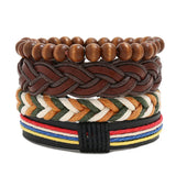 4pcs Braided Wrap Leather Bracelets for Men Punk Vintage Charm Wood Beads Bangle