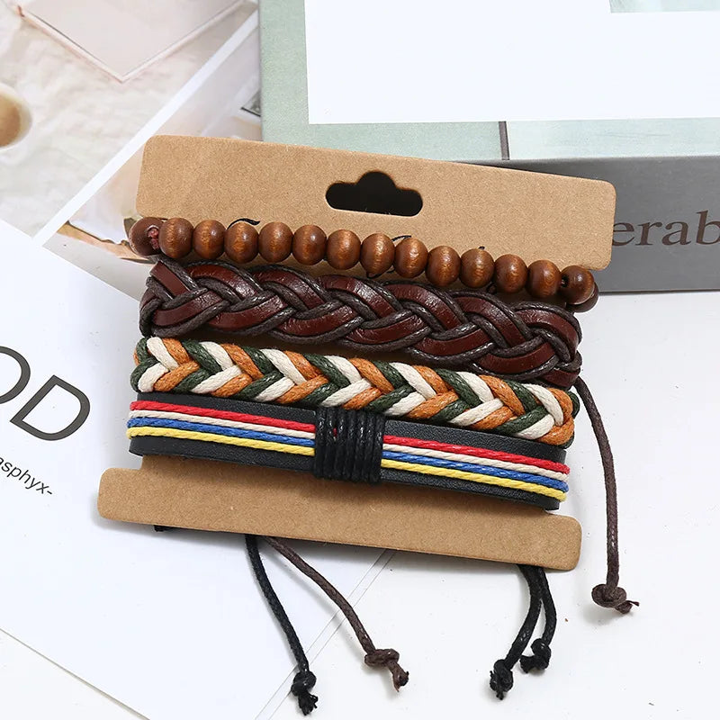 4pcs Braided Wrap Leather Bracelets for Men Punk Vintage Charm Wood Beads Bangle