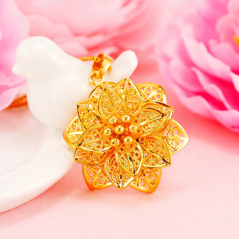 Flower Pendant 14K Necklace Thick Yellow Chain Necklace