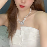 Women Choker Butterfly Pendant Crystal Pearls Necklace Beads Statement Collar