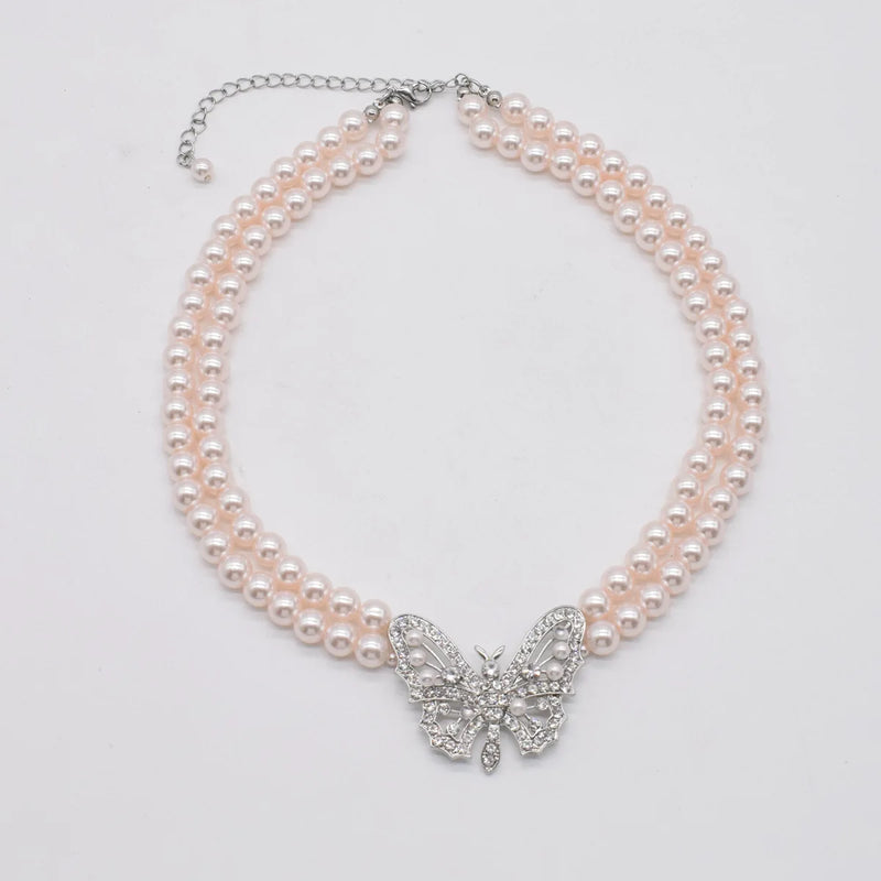 Women Choker Butterfly Pendant Crystal Pearls Necklace Beads Statement Collar
