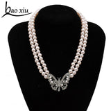 Women Choker Butterfly Pendant Crystal Pearls Necklace Beads Statement Collar