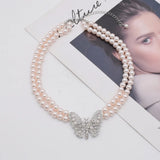 Women Choker Butterfly Pendant Crystal Pearls Necklace Beads Statement Collar