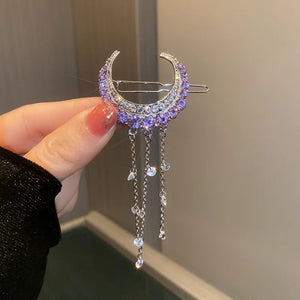 Purple Crystal Moon Tassel Hair Clips Bridal Jewelry Accessories