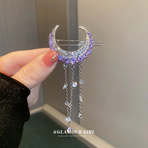 Purple Crystal Moon Tassel Hair Clips Bridal Jewelry Accessories