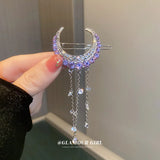 Purple Crystal Moon Tassel Hair Clips Bridal Jewelry Accessories