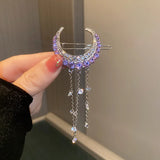 Purple Crystal Moon Tassel Hair Clips Bridal Jewelry Accessories