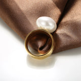 Shell Pearl Stainless Steel Wedding Band Hammered Texture Jewelry