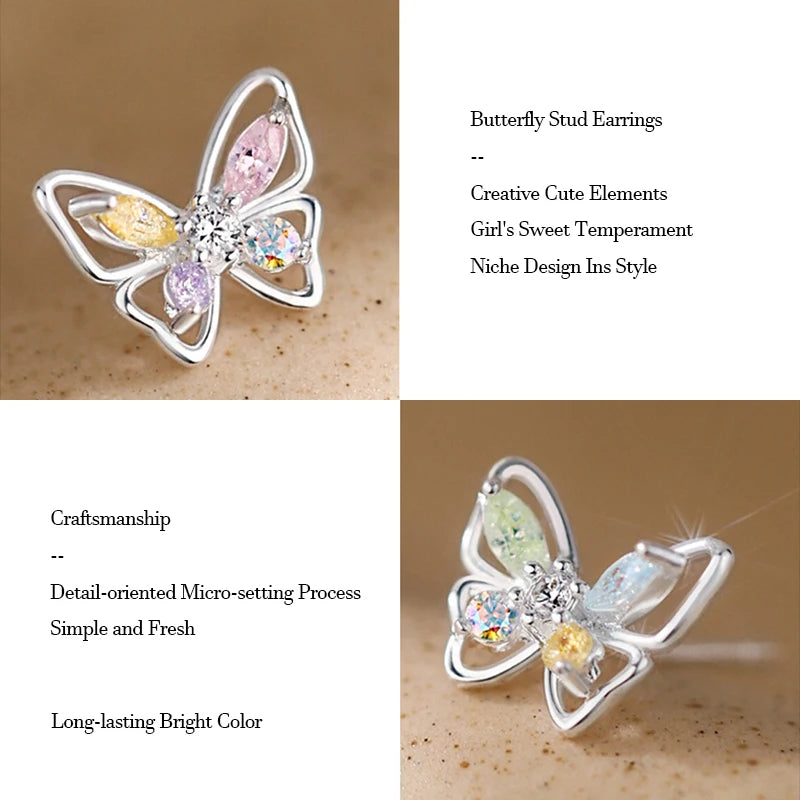 Silver S925 Crystal Butterfly Stud Earrings Retro Hollow Colorful Party Jewelry