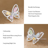 Silver S925 Crystal Butterfly Stud Earrings Retro Hollow Colorful Party Jewelry