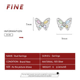 Silver S925 Crystal Butterfly Stud Earrings Retro Hollow Colorful Party Jewelry