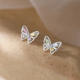 Silver S925 Crystal Butterfly Stud Earrings Retro Hollow Colorful Party Jewelry