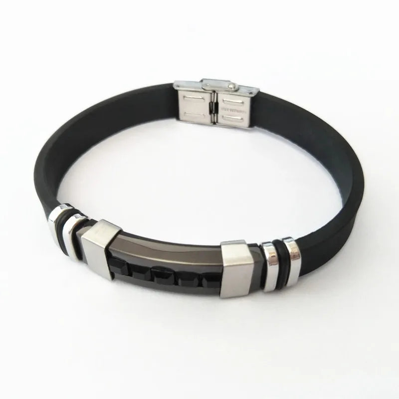 Men's Stones Silicone Bracelet Stainless Steel Charm Jewelry
